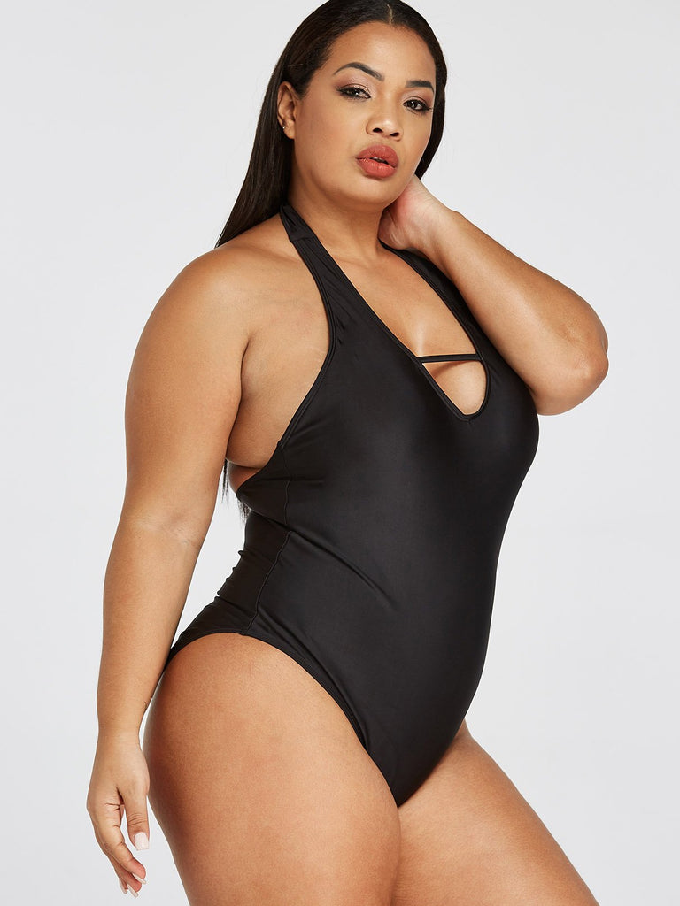 Halter Plain Backless Lace-Up Sleeveless Plus Size Swimwear