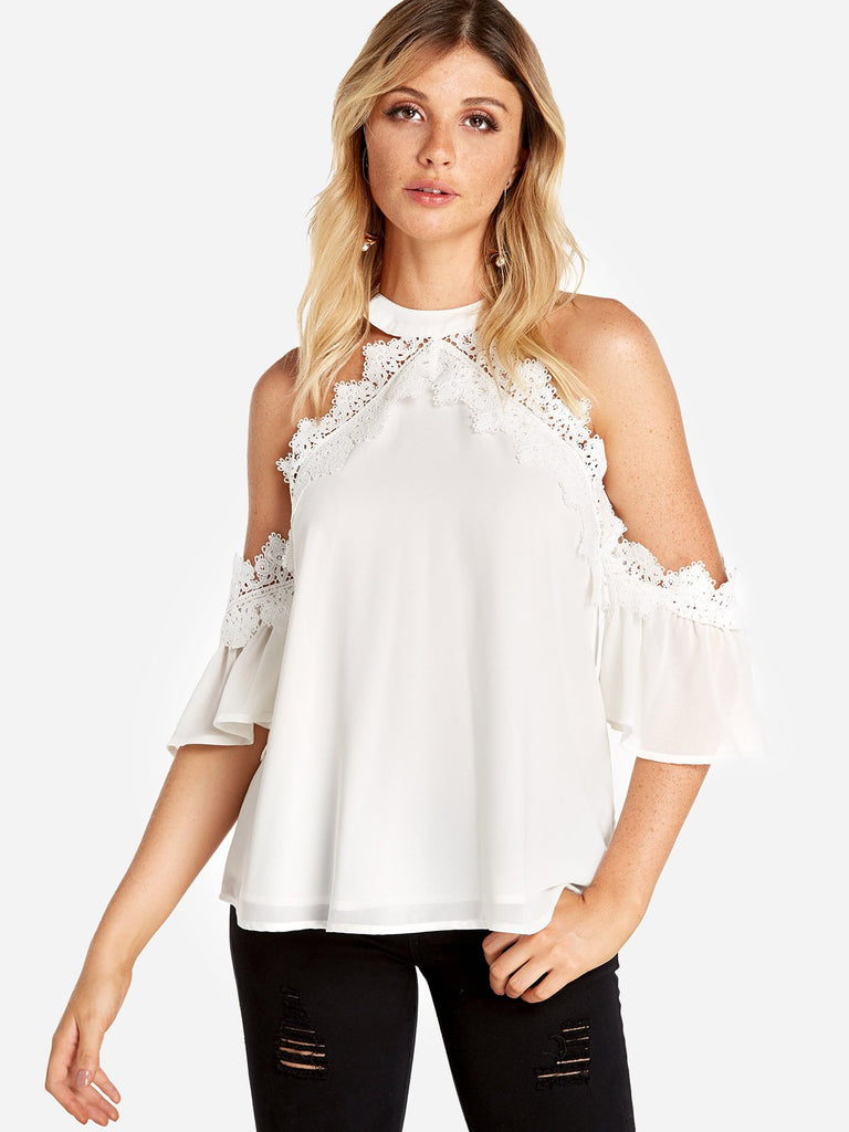 Cold Shoulder Plain Lace Short Sleeve White T-Shirts