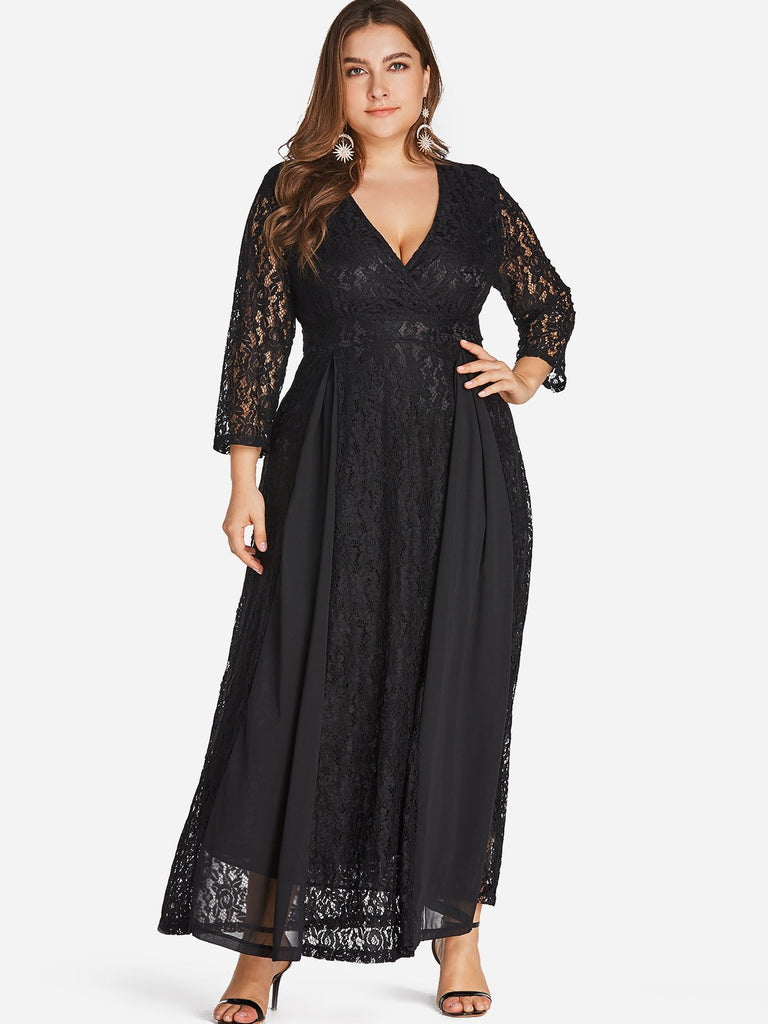 V-Neck Wrap Long Sleeve Plus Size Dress