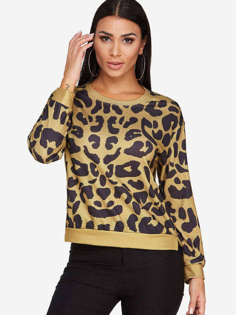 Round Neck Leopard Long Sleeve Slit Hem Yellow T-Shirts