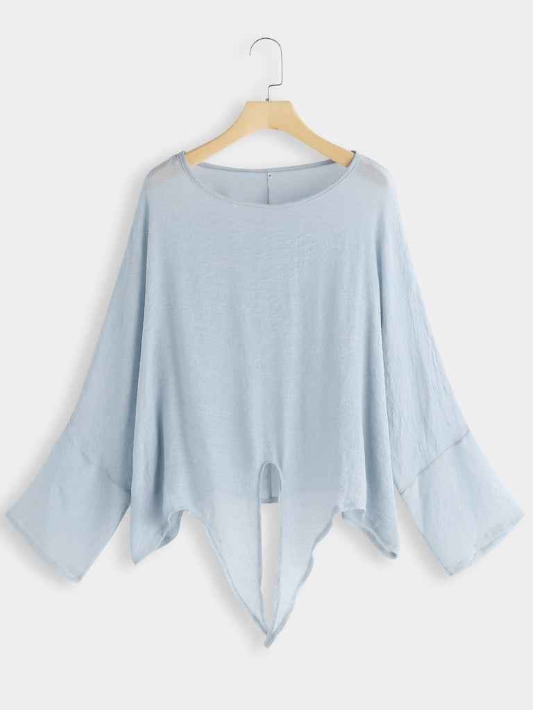 Round Neck Tie-Up Long Sleeve Light Blue T-Shirts
