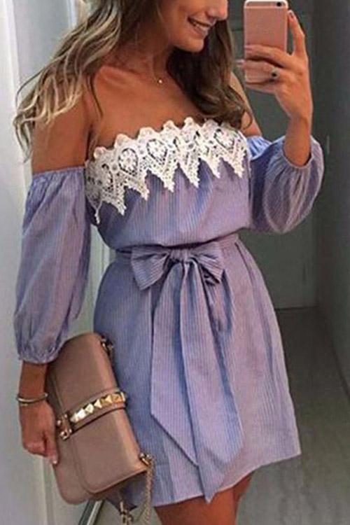 Blue Off The Shoulder 3/4 Sleeve Length Stripe Lace Self-Tie Sexy Dress