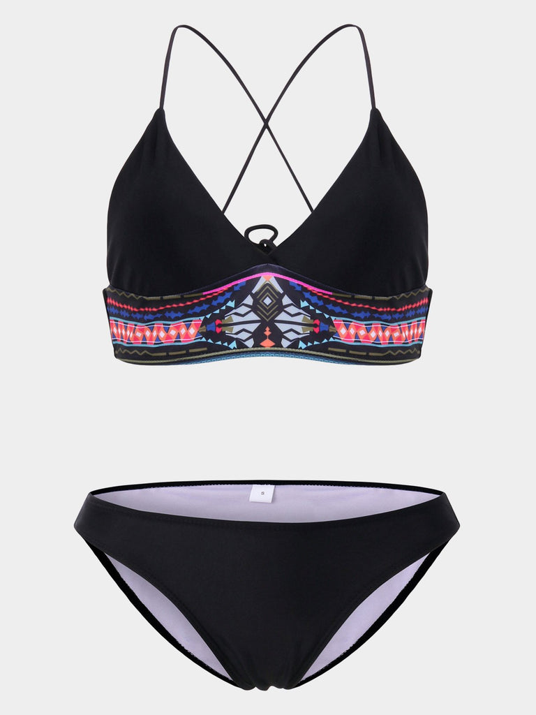 V-Neck Geometrical Lace-Up Wireless Sleeveless Black Bikini Set