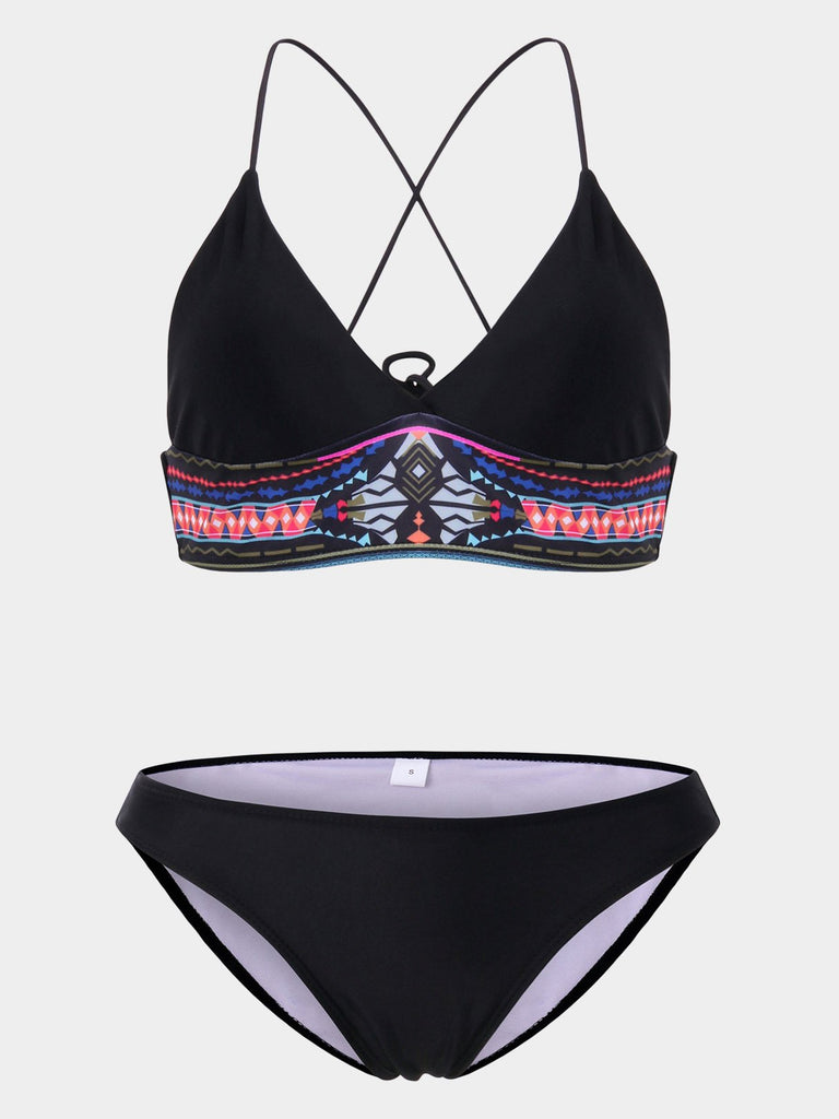 Black V-Neck Sleeveless Geometrical Lace-Up Wireless Bikini Set