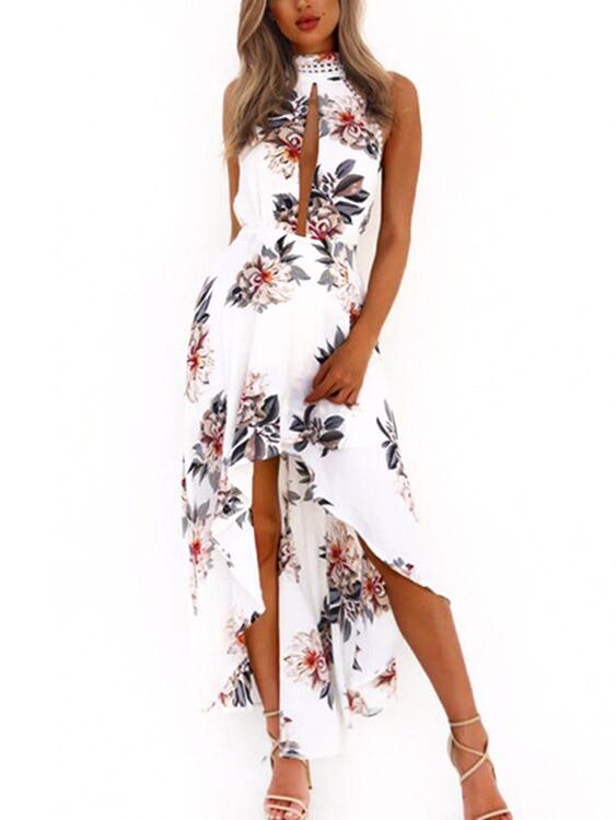 Halter Sleeveless Floral Print Backless Cut Out Dresses