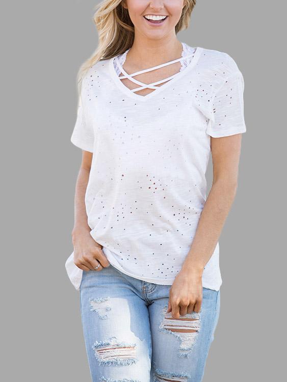 Random Ripped Crossed Front Short Sleeve White T-Shirts