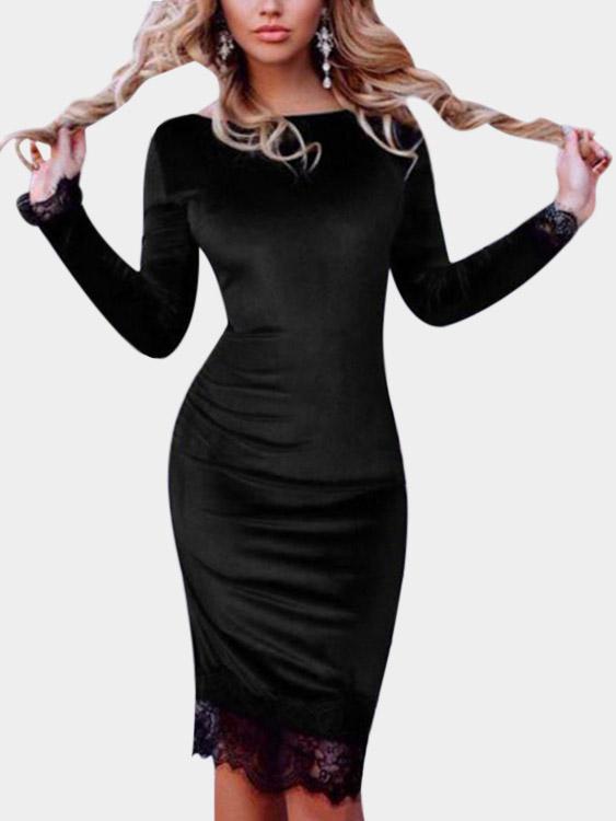 Black Bateau Long Sleeve Lace Stitching Hem Midi Dress