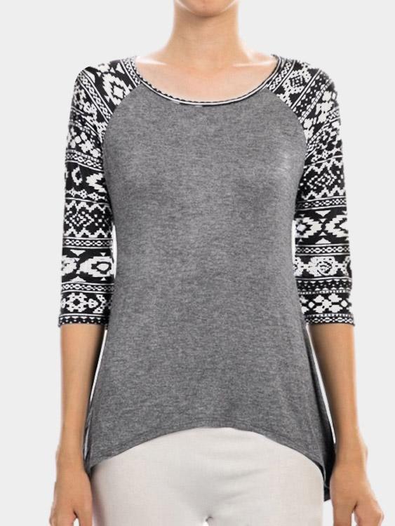 Round Neck 3/4 Sleeve Curved Hem Dark Grey T-Shirts