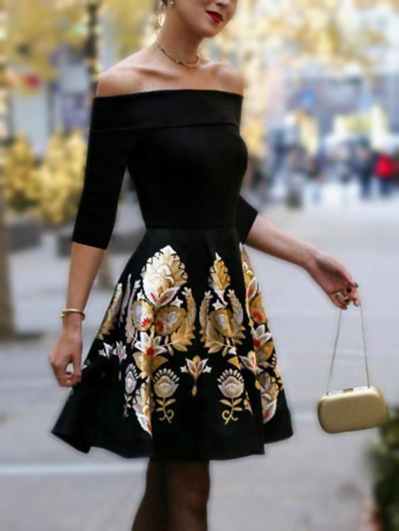 Black Off The Shoulder 3/4 Sleeve Length Floral Print Ruffle Hem Mini Dress
