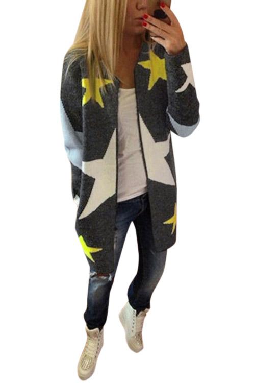 Fashion Round Neck Knit Pentacle Pattern Loose Long Outerwear