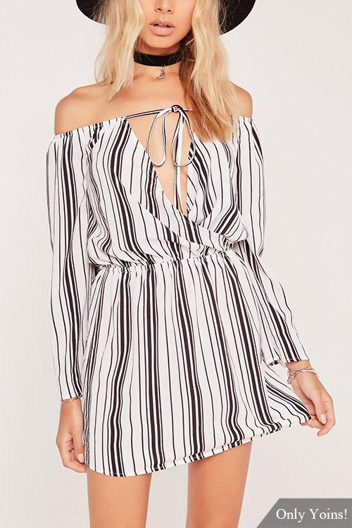 Off The Shoulder Long Sleeve Stripe Wrap Mini Dress