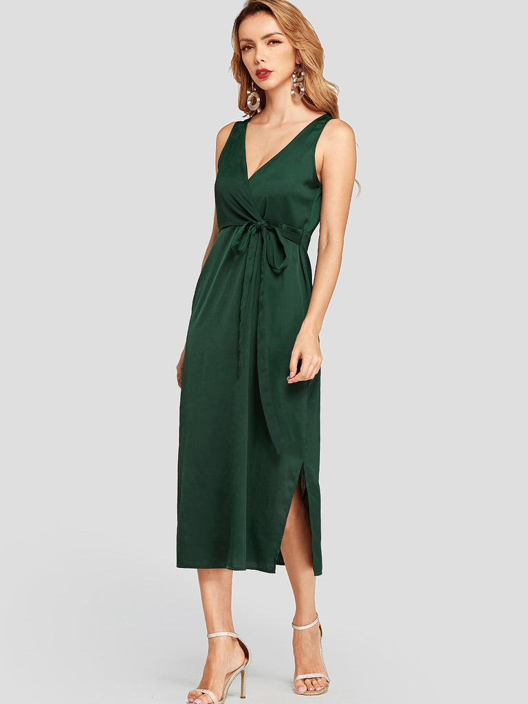 Green V-Neck Sleeveless Plain Zip Back Self-Tie Wrap Slit Hem Midi Dresses