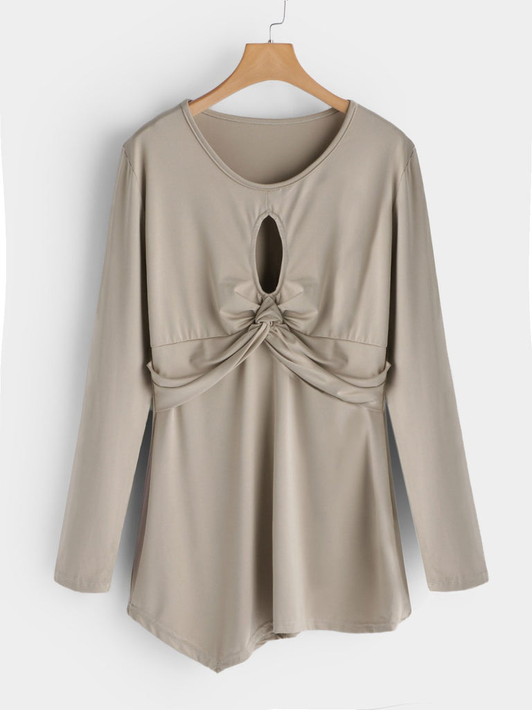 Round Neck Cut Out Pleated Long Sleeve Irregular Hem Khaki T-Shirts