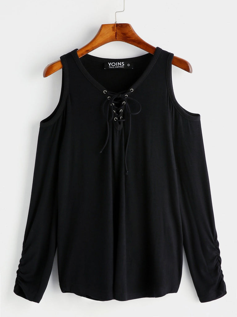 Round Neck Cold Shoulder Plain Lace-Up Long Sleeve Black T-Shirts