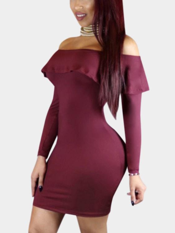 Burgundy Off The Shoulder Long Sleeve Plain Dresses