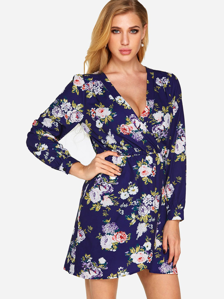 Navy V-Neck Long Sleeve Floral Print Wrap Irregular Hem Dresses