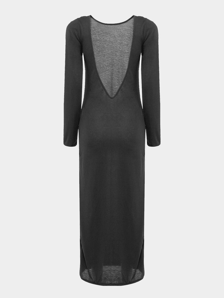 Black Round Neck Long Sleeve Plain Backless Slit Hem Midi Dress