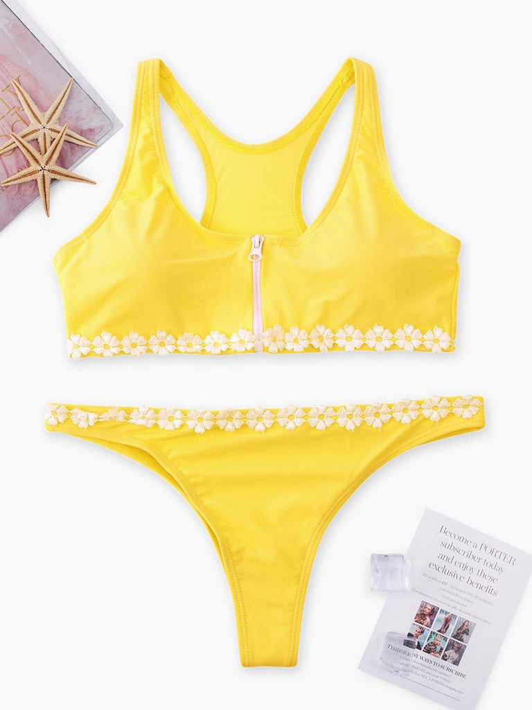 Scoop Neck Plain Lace Sleeveless Yellow Bikini Set