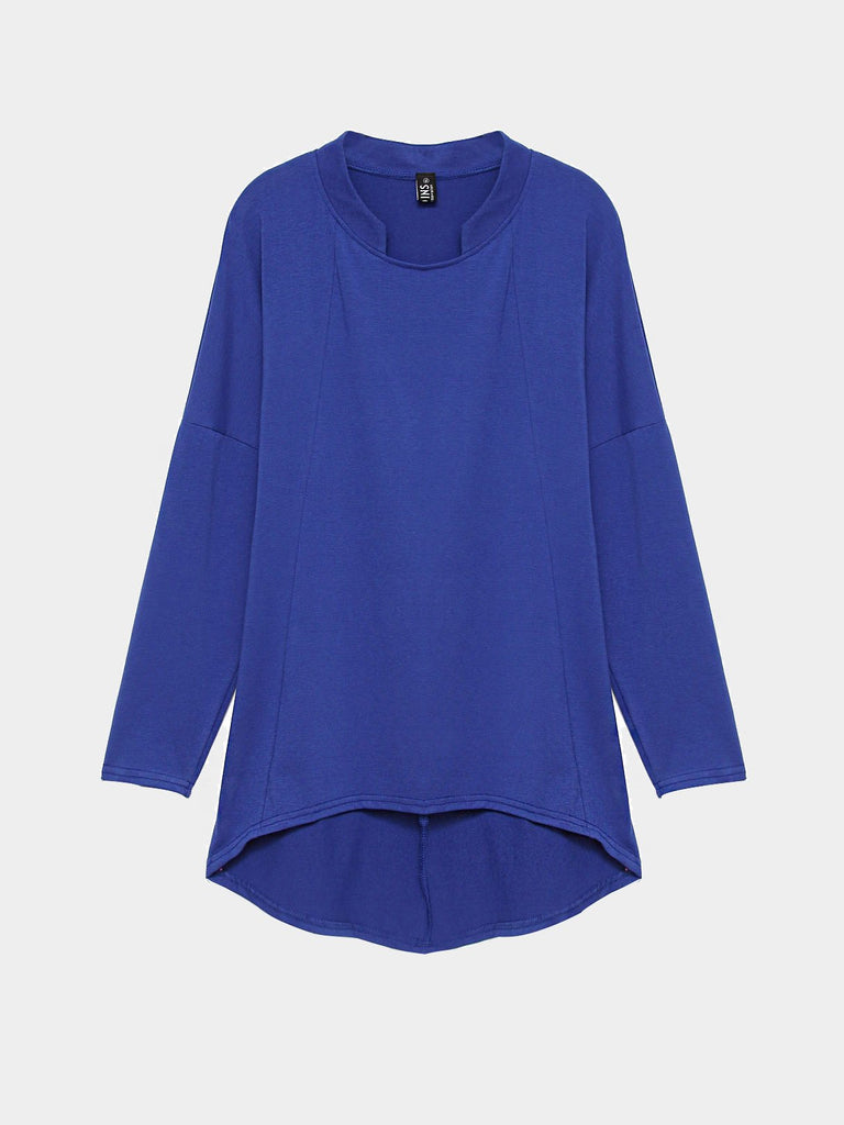 Long Sleeve Curved Hem Blue Plus Size Tops