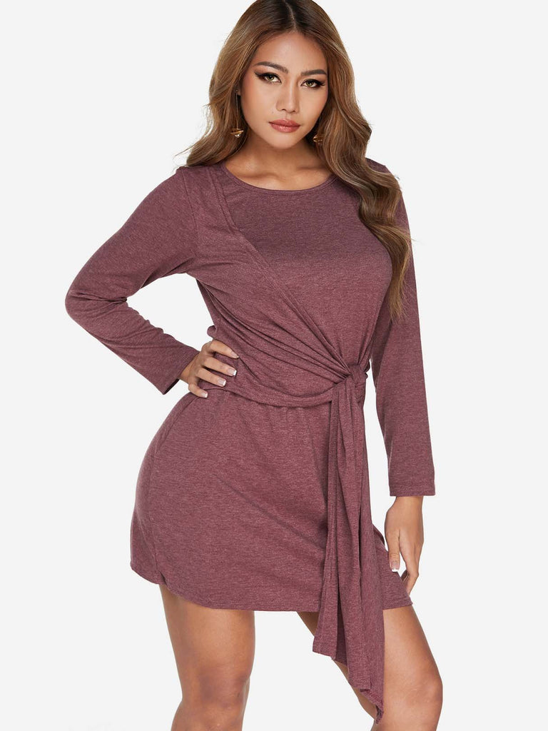Burgundy Round Neck Long Sleeve Plain Self-Tie Shirt Dresses