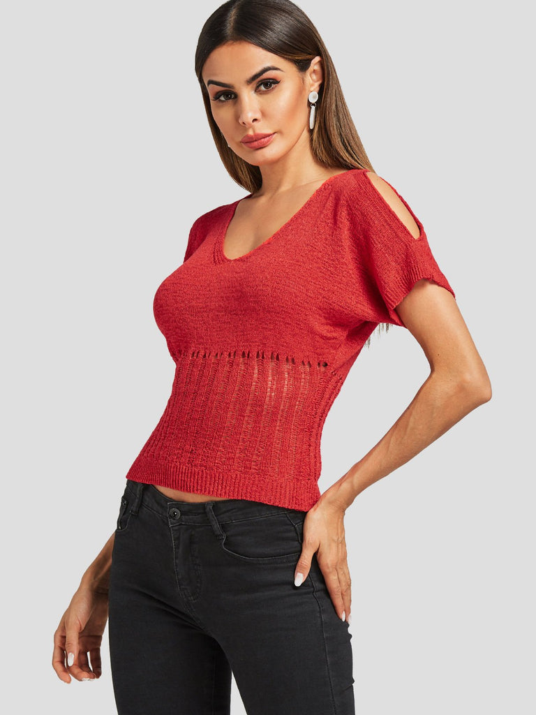 Cold Shoulder Random Ripped Cut Out Short Sleeve Red Top
