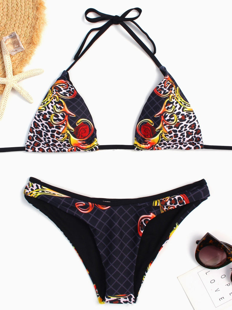 Halter Sleeveless Leopard Crossed Front Two Piece Bikinis
