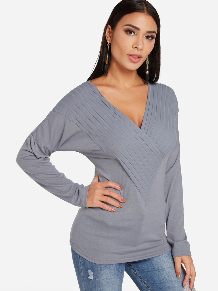 Deep V Neck Plain Crossed Front Long Sleeve Grey T-Shirts