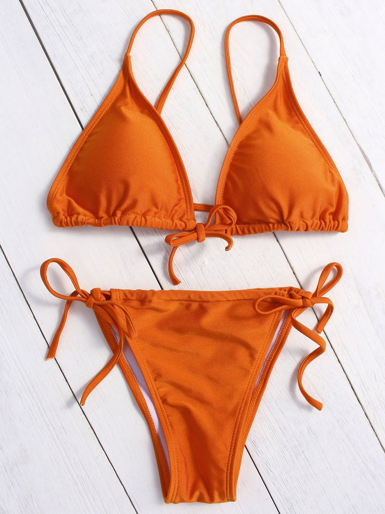 V-Neck Sleeveless Plain Backless Tie-Up Bikinis