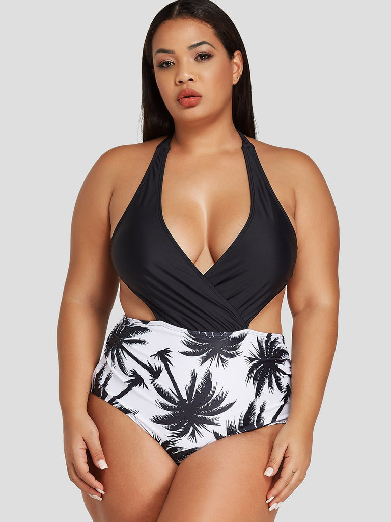 Deep V Neck Plain Crossed Front Cut Out Self-Tie Sleeveless Plus Size Swimwear