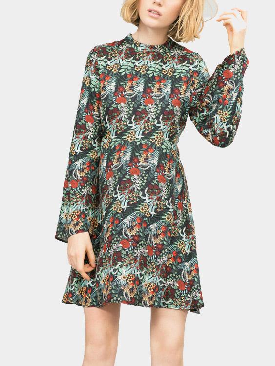 Perkins Collar Long Sleeve Floral Print Ruffle Hem Mini Dress