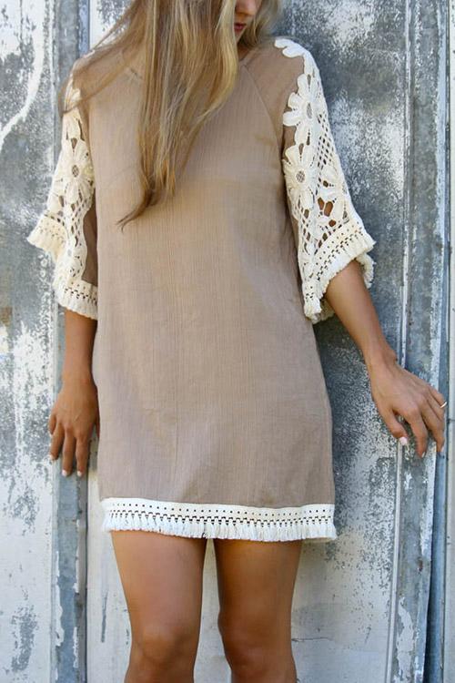 Camel Round Neck Lace Tassel Hem Mini Dress