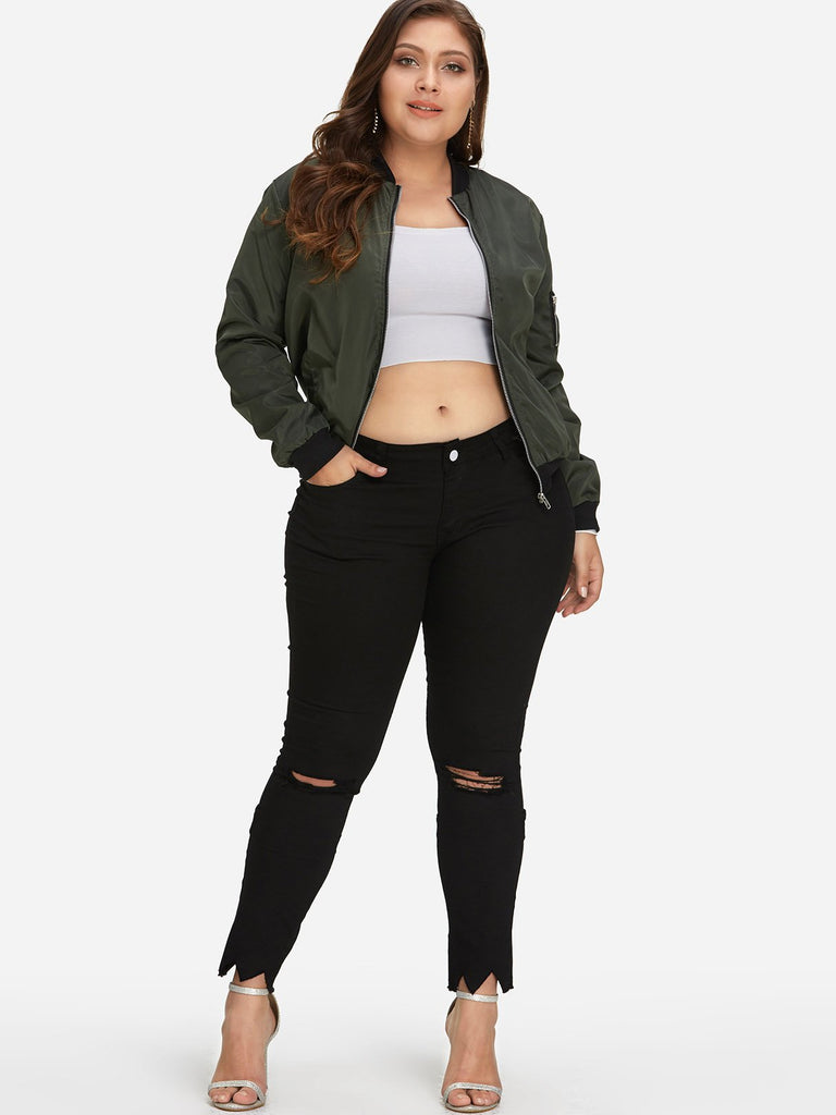 Plain Random Ripped Irregular Hem Black Plus Size Bottoms