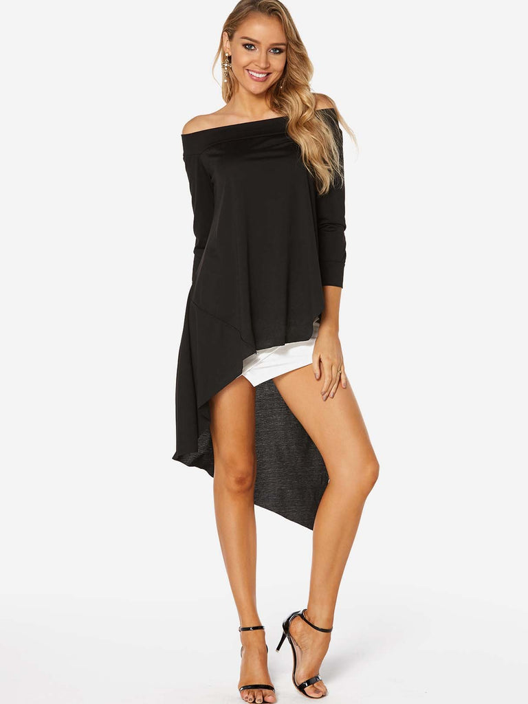 Off The Shoulder Plain Long Sleeve Irregular Hem Black T-Shirts