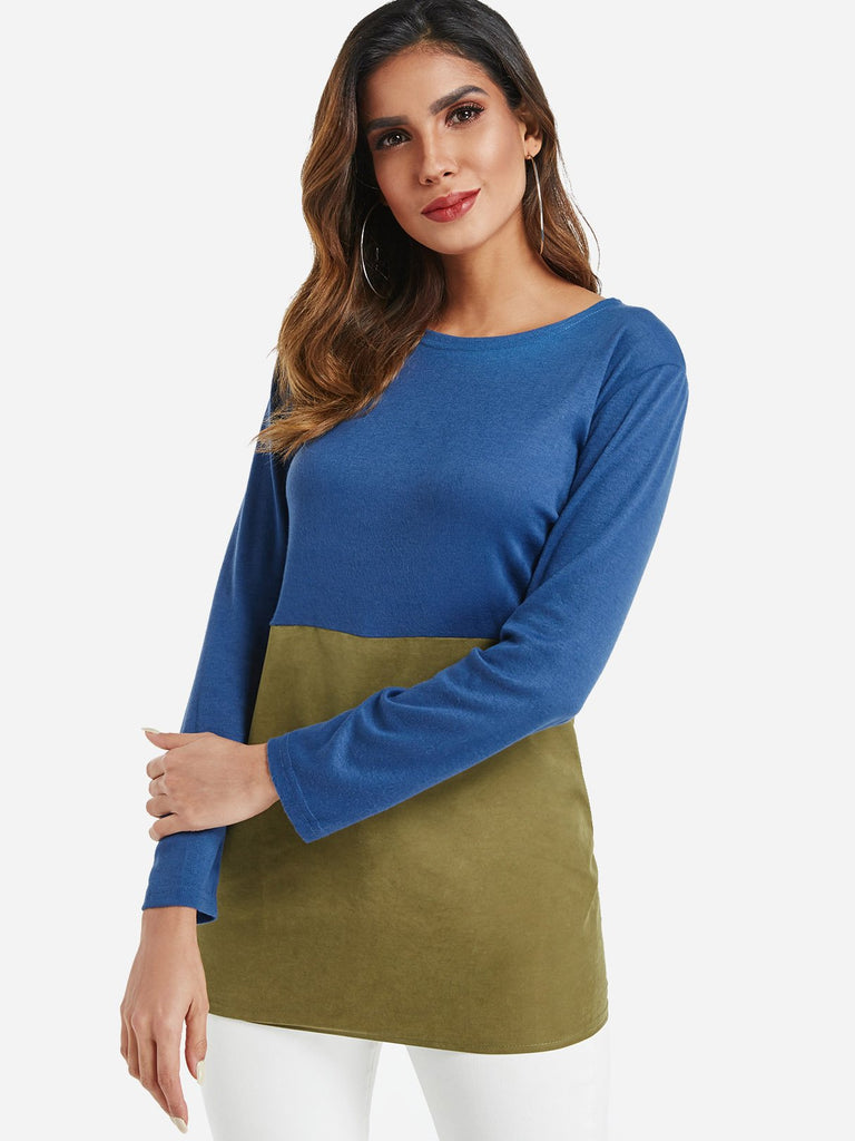 Round Neck Colorblock Long Sleeve T-Shirts