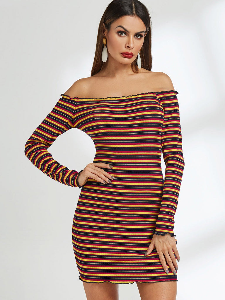 Off The Shoulder Long Sleeve Stripe Dresses
