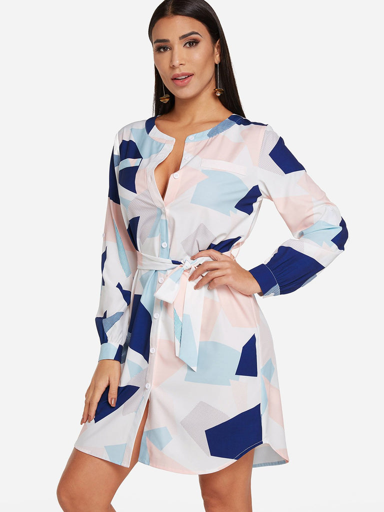 White Long Sleeve Geometrical Self-Tie Shirt Dress