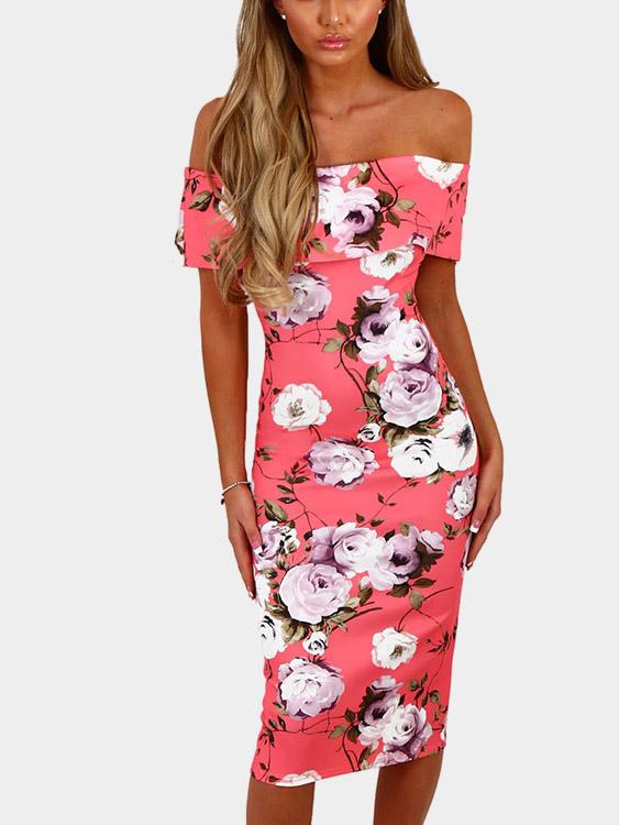 Pink Off The Shoulder Floral Print Dresses