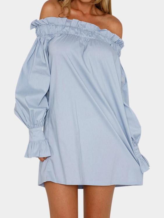 Blue Off The Shoulder Long Sleeve Pleated Dress