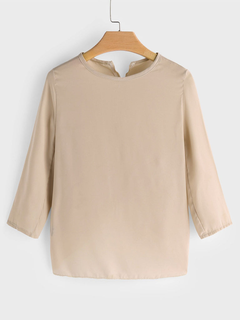 Crew Neck Backless 3/4 Sleeve Khaki T-Shirts