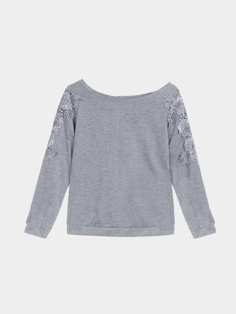 Round Neck Lace Long Sleeve Grey Fashion T-Shirts
