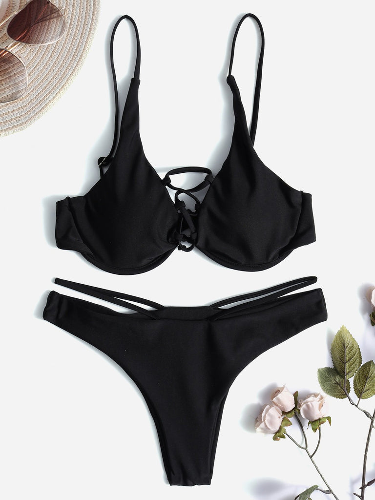 Plain Lace-Up Spaghetti Strap Self-Tie Two Piece Bikinis