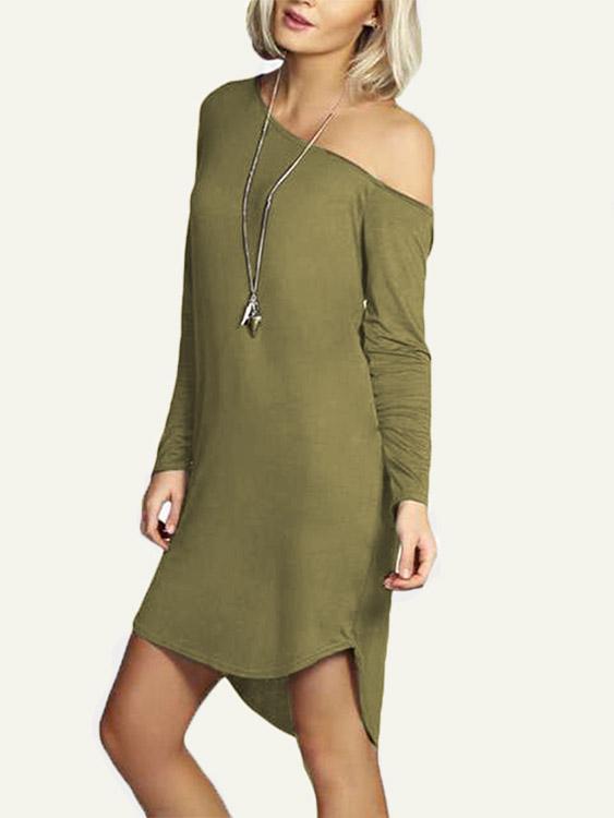 Army Green One Shoulder Long Sleeve Plain Curved Hem Mini Dress