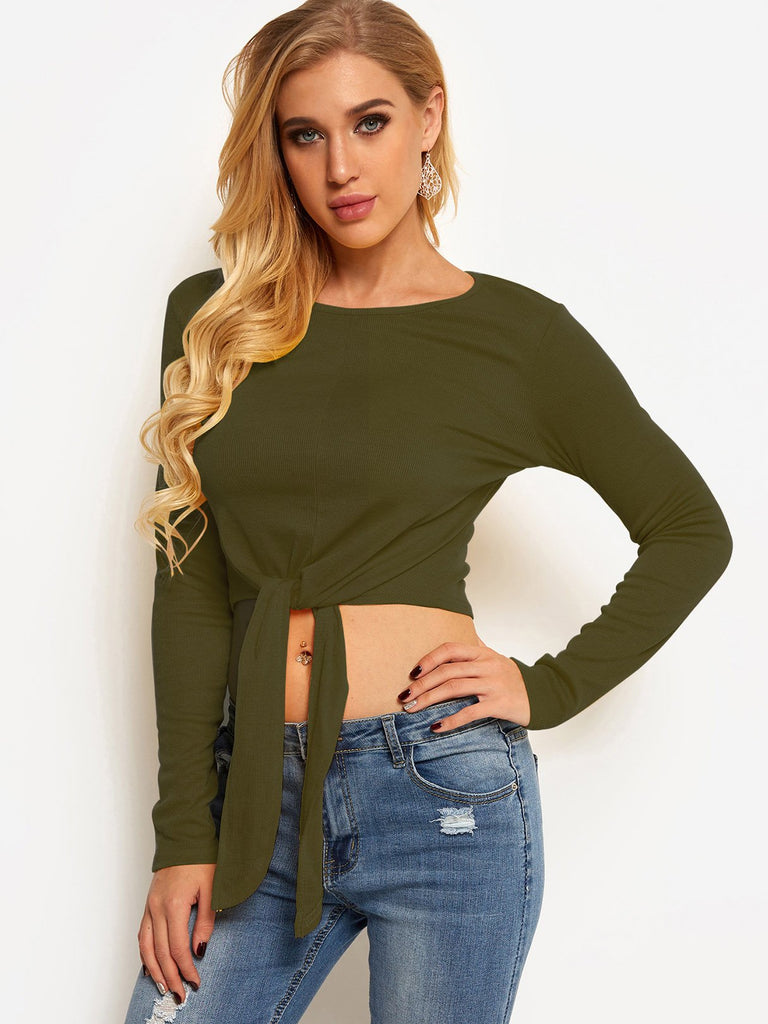 Round Neck Plain Long Sleeve Army Green T-Shirts