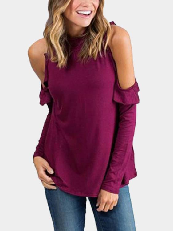 Round Neck Cold Shoulder Plain Long Sleeve Burgundy Top