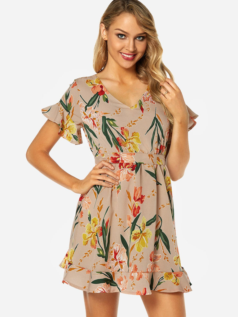 Beige V-Neck Short Sleeve Floral Print Belt Self-Tie Flounced Hem Dresses