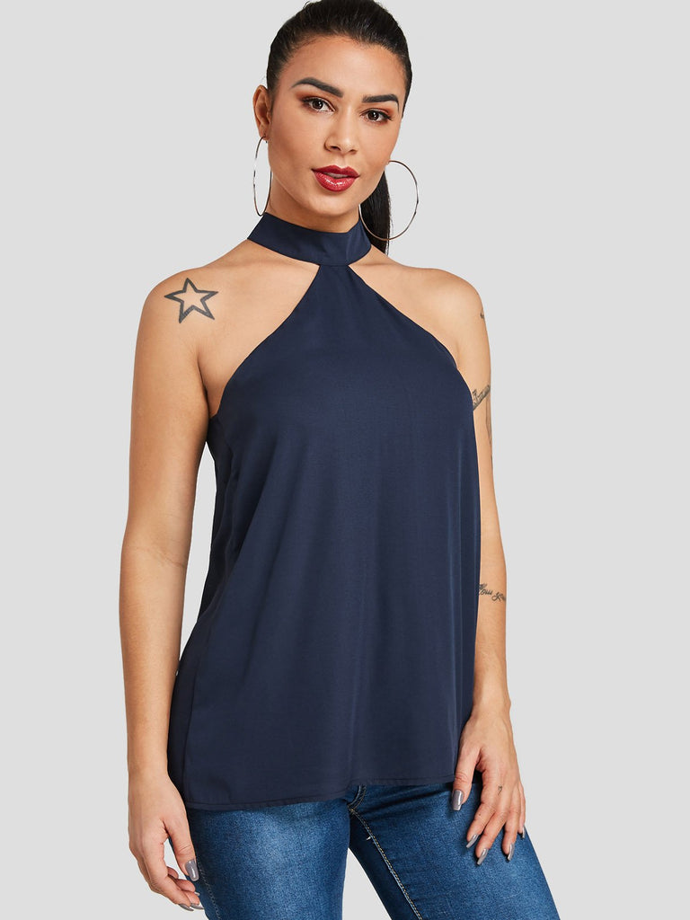 Halter Plain Sleeveless Navy Tank Top