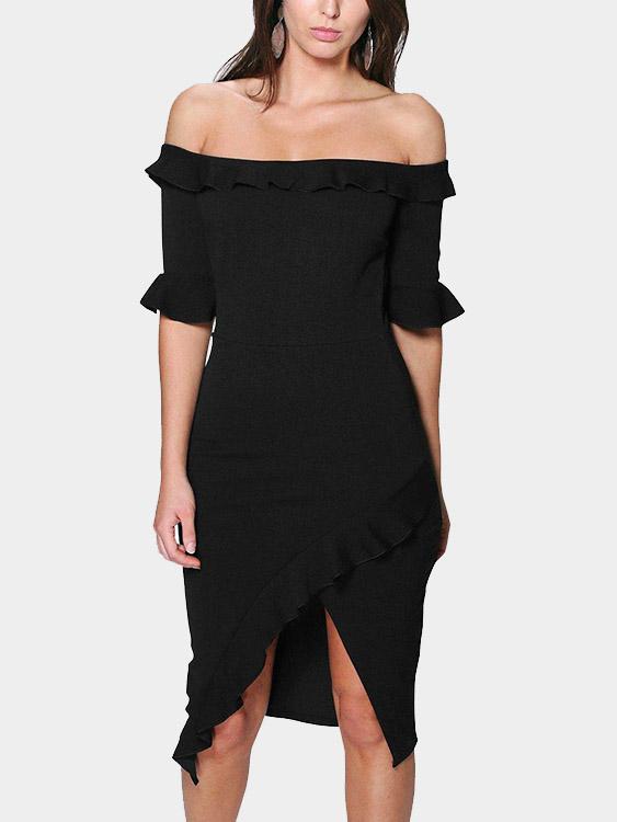 Off The Shoulder Plain Half Sleeve Black Dresses