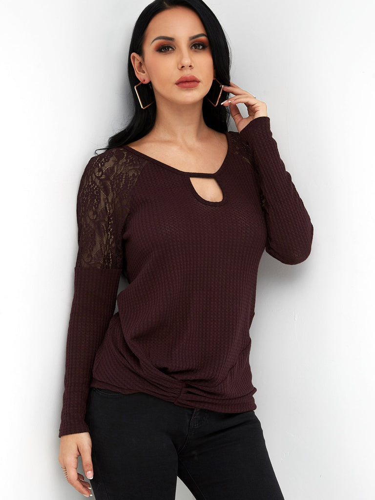 Round Neck Plain Lace Cut Out Long Sleeve Burgundy T-Shirts