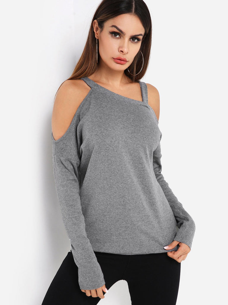 One Shoulder Plain Long Sleeve Grey Top