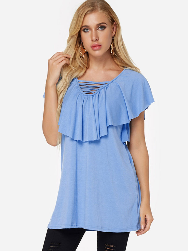 V-Neck Plain Tiered Lace-Up Short Sleeve Curved Hem Blue Top